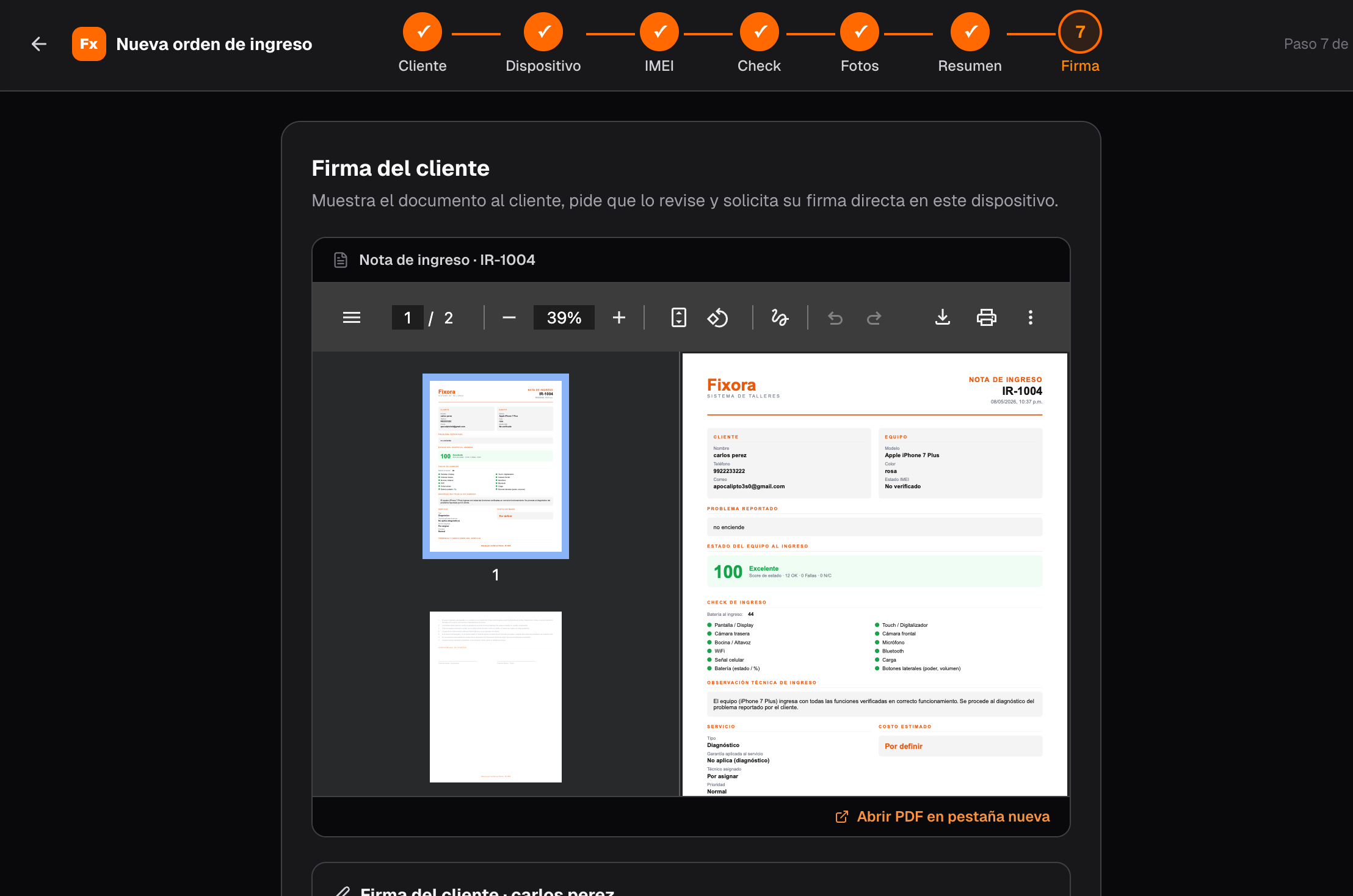 Nota de ingreso PDF con firma del cliente